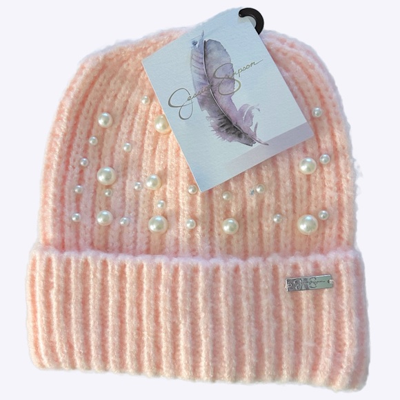 New Jessica Simpson Cozy Pink Stretch Knit Cuffed Beanie Hat Pearl Accent NWT - Picture 7 of 8